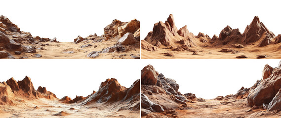 Set of Martian landscapes with rugged red terrain, isolated on transparent cutout background