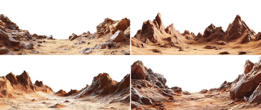 Set of Martian landscapes with rugged red terrain, isolated on transparent cutout background