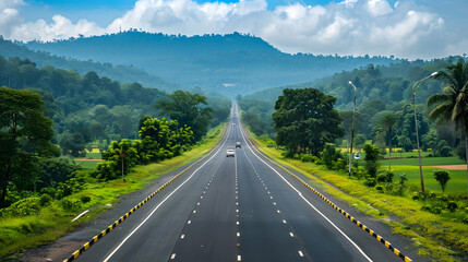 A wide highway in the state of Kerala, India, newly restored and surrounded by lush greenery under a clear blue sky.