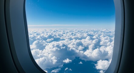 Aerial vista from aircraft capturing fluffy clouds meeting deep blue sky expanse