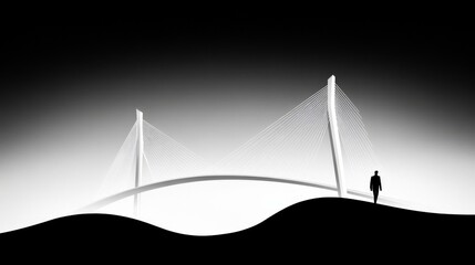Black and white minimalist bridge architecture with silhouette of person symbolizing solitude and urban infrastructure beauty