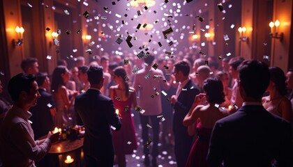 Captivating Celebration Scene Joyful Partygoers Enjoying a Festive Event, with Dynamic Confetti Creating an Atmosphere of Celebration and Excitement, Illuminating an Elegant Gathering