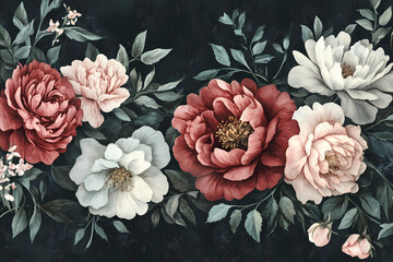 beautiful fantasy vintage wallpaper botanical flower bunch,vintage motif for floral print digital background.