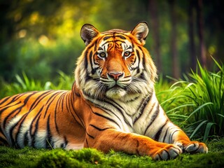 Obraz premium Majestic Tiger in Lush Green Habitat - Vintage Style Wildlife Photography