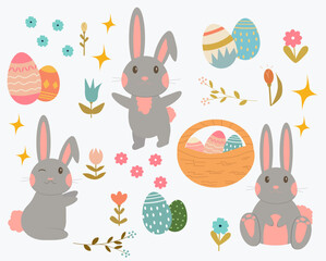 Spring and Easter collection of cute animals, flowers and decorations. Perfect for poster, card, scrapbooking , tag, invitation, Rabbit, eggs Spring collection of animals, flowers and decorations.