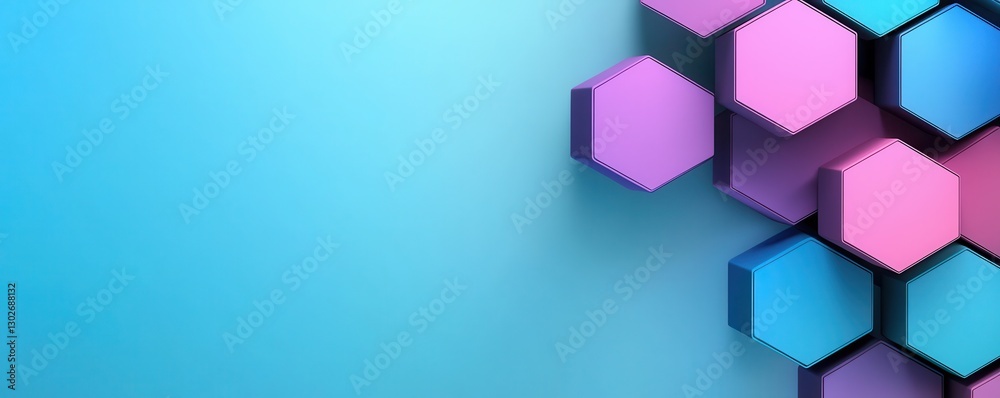Poster A vibrant arrangement of colorful hexagonal shapes on a soft blue background, creating a modern and dynamic visual effect.