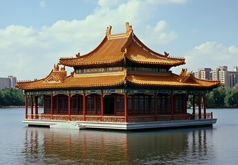 Fototapeta premium Elegant Chinese Pavilion Floats Serenely On Calm Lake Water