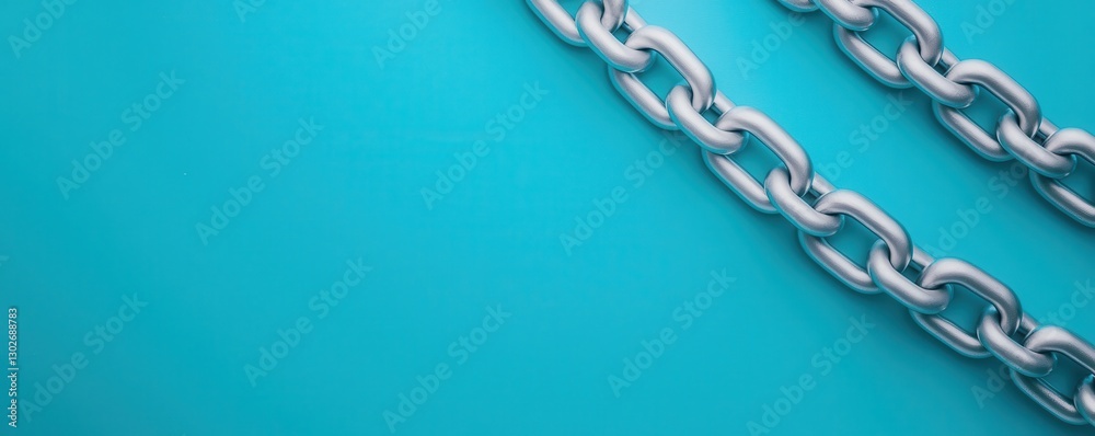 Poster a close-up of shiny metal chains against a vibrant turquoise background, emphasizing texture and col