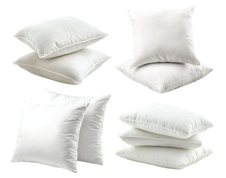 Set of soft white pillows stacked in different positions, isolated on transparent cutout background