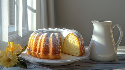 Baked cake on table with pitcher near window. Food still life for blog posts