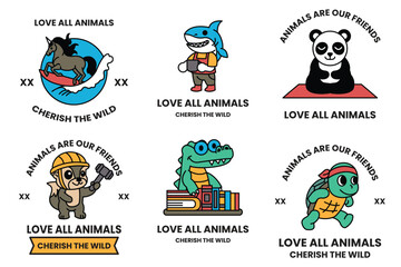 Set of illustrations in the concept of cute animals in a line drawing style