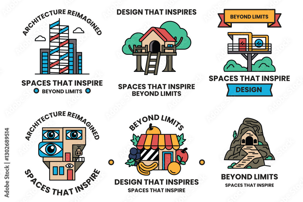 Wall mural set of illustrations in the concept of architectural buildings in line drawing style