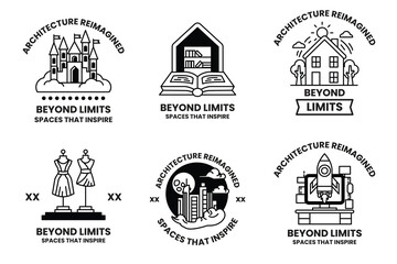 Set of illustrations in the concept of architectural buildings in line drawing style