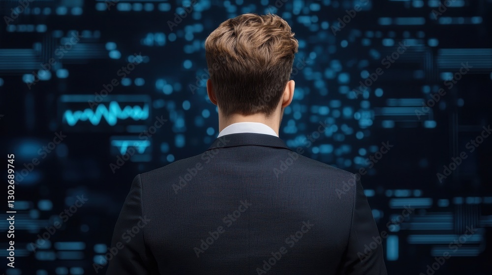 Poster a man in a suit stands with his back to a futuristic digital display filled with data and vibrant bl