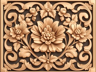 Ornate floral relief design featuring intricate flowers and leaves on a dark background