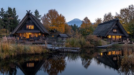 Fototapeta premium Two traditional Japanese houses with lit windows reflecting in a calm lake at dusk, Mount Fuji in the background.