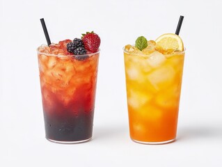 Two refreshing summer cocktails with ice cubes garnished with fresh mint berries and citrus served in stylish glasses against a clean white background