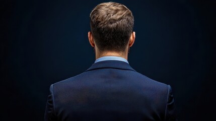 A man in a stylish suit is seen from the back, illuminated against a dark background, exuding confidence and sophistication.