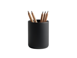 A simple black pencil holder contains several sharp pencils, set against a transparent background.