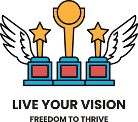 golden trophies and three stars with wings in the background