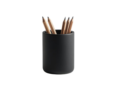 A simple black pencil holder contains several sharp pencils, set against a transparent background.