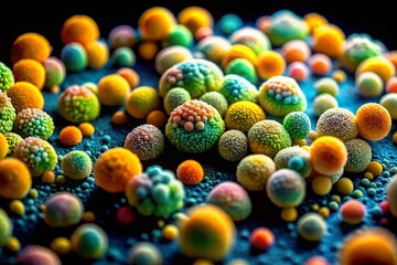 Fototapeta premium Microscopic Penicillin Mold Colony on Black Background - Tilt-Shift Photography