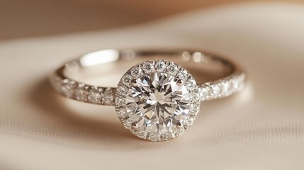 A bridal set with matching diamond rings, elegantly arranged on a soft beige background.