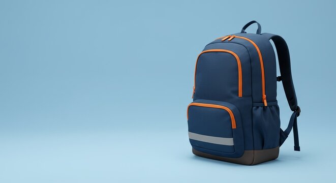 Stylized navy backpack with orange accents on a soft blue backdrop, minimalist design - Powered by Adobe