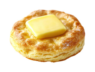 A warm biscuit with a square of melting butter is the subject of this close up.