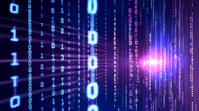 Abstract representation of digital data flow with binary code and glowing lights
