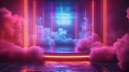 Empty podium in a futuristic cyber hub, with holographic interfaces, digital clouds, and a vibrant neon glow in the background 