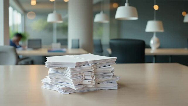 Modern Workspace with Stack of Documents on Table Professional Office Environment for Business Productivity and Organization with Blurred Furniture Background