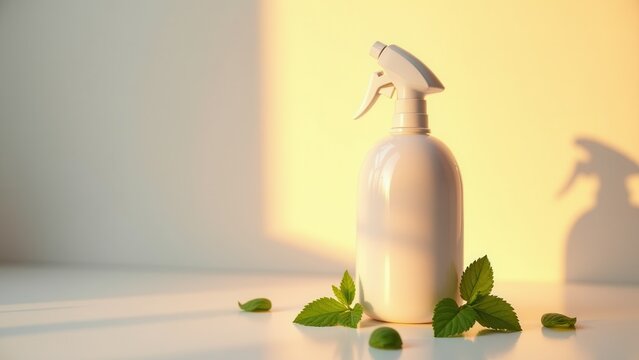 Spray bottle with repellent, Close-up spray bottle repellent minimalism glowing golden-hour mint leaves bright white background