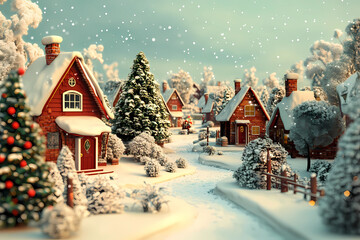 Christmas village with Snow in vintage style. Winter Village Landscape. Christmas Holidays. Christmas Card. 3d illustration