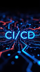 A colorful digital graphic of an abstract circuit board with elements related to continuous integration/continuous delivery, Docker, Kubernetes, and DevOps concepts.