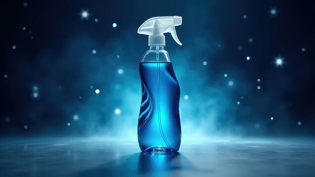 Spray bottle with repellent, Curved cyan-blue spray bottle on a galaxy background with dazzling overhead gloss lighting effects.