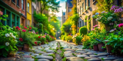Miniature City Street: Overgrown Stone Path & Lush Greenery - Tilt-Shift Photography