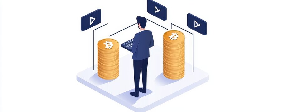 A person stands in front of two columns of coins, interacting with digital screens that display video icons, suggesting a decision-making process related to finance or content.