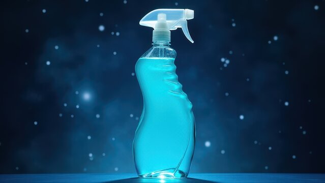 Spray bottle with repellent, Curved cyan-blue spray bottle on a galaxy background with dazzling overhead gloss lighting effects.