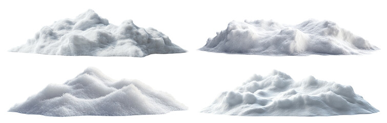 Set of fresh snow heaps with soft texture, isolated on transparent cutout background
