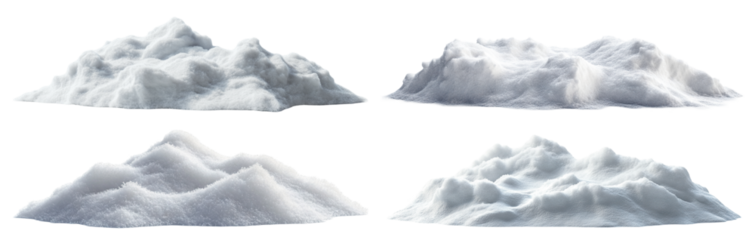 Set of fresh snow heaps with soft texture, isolated on transparent cutout background