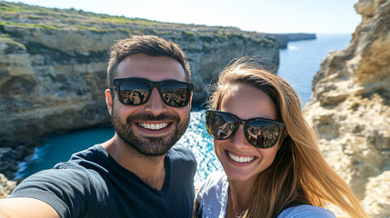 Couple's Cliffside Selfie: Smiling for the camera with a stunning coastal backdrop. They're wearing stylish sunglasses and enjoying a sunny day!