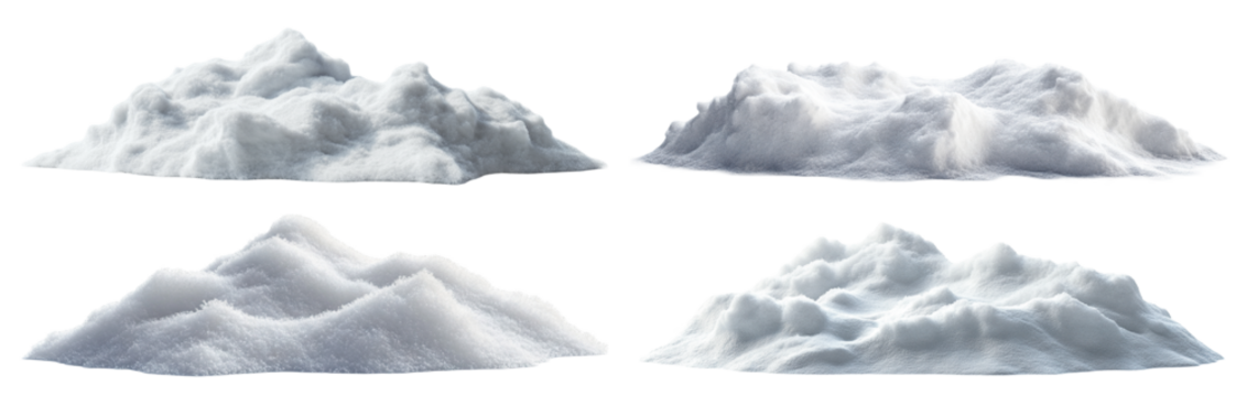 Set of fresh snow heaps with soft texture, isolated on transparent cutout background