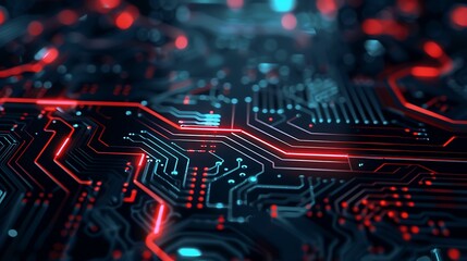 Fototapeta premium Red and blue glowing circuit board texture. Futuristic technology background with digital pathways and electronic connections.