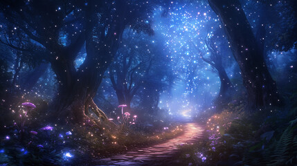 Magical fantasy fairy tale scenery, night in a forest glowing