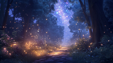 Magical fantasy fairy tale scenery, night in a forest glowing