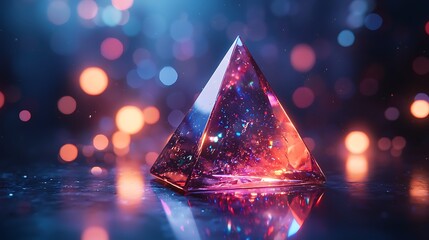 Crystal pyramid with glowing lights background, digital art for backgrounds or designs
