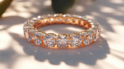 A delicate diamond band positioned gracefully on a light blush pink background.