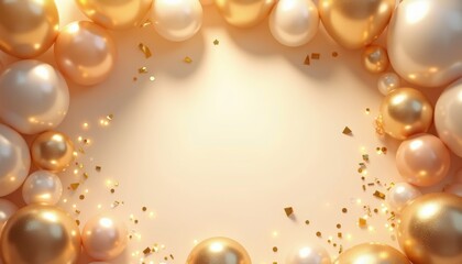 Luxurious Golden Sphere Arrangement with Scattered Confetti, Perfect for Celebratory Banners and Festive Occasions with elegant color and soft lighting adding a touch of glamour