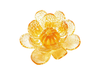 The image depicts a translucent, golden floral art piece with complex petal detailing and radiant appearance.